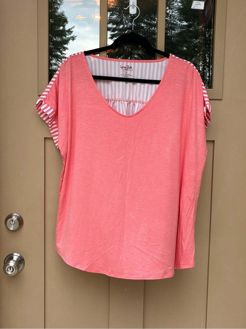 Coral Bay Top Pink with Stripes and Flowers V Neck Women's 2X